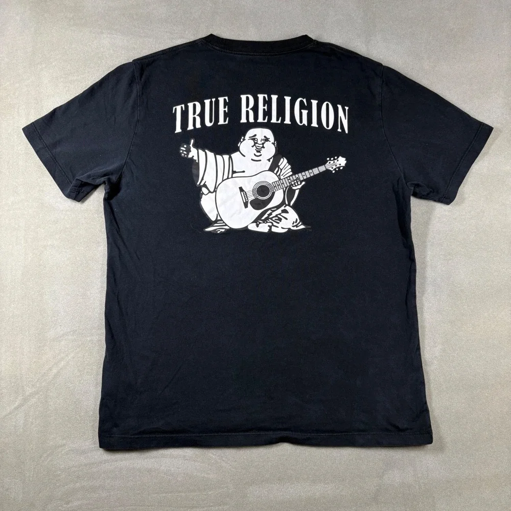 True Religion Mens Black Buddha Guitar Graphic T-Shirt Large Short Sleeve Tee